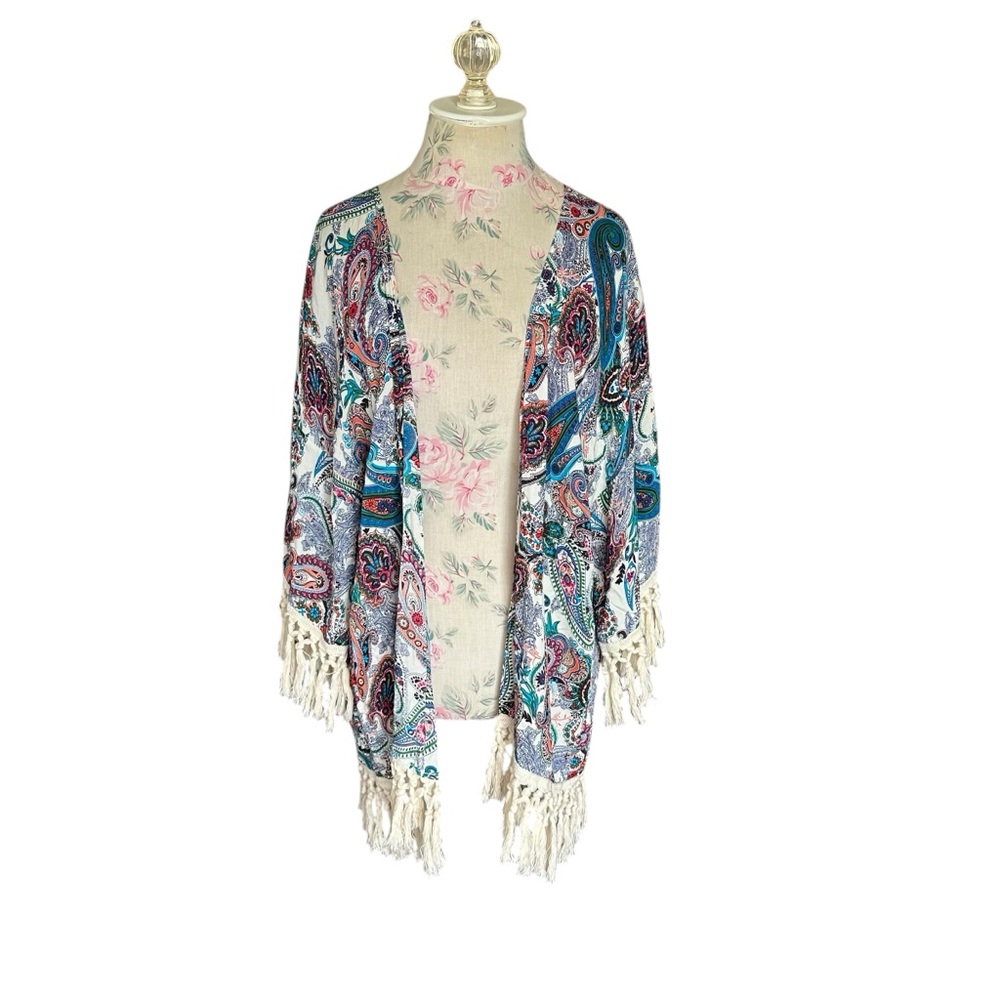 Umgee Women’s Kimono-Style Cover-Up Sm/Med Boho Paisley Print with Fringe Hem